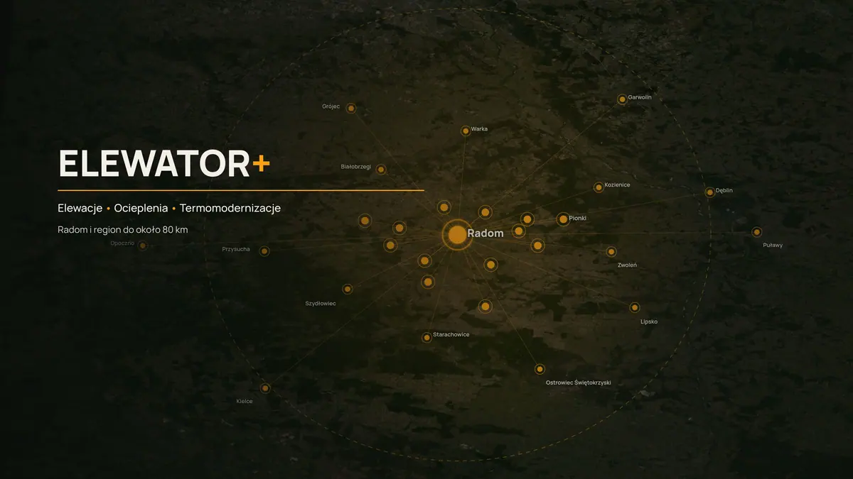 Mapa zasięgu ELEWATOR+: Radom w centrum i miejscowości w promieniu około 80 km